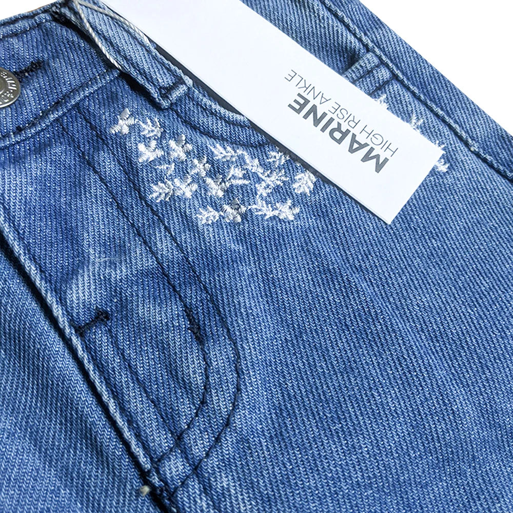 Girls Branded Pockets Embroidered Baggy Jeans (Light Blue)