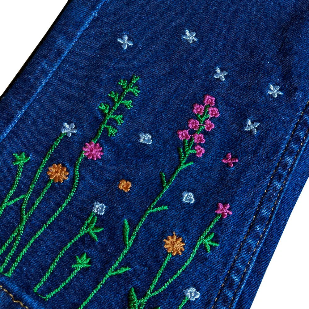 Girls Branded Bell-Bottom Embroidered Denim (Indigo Blue)