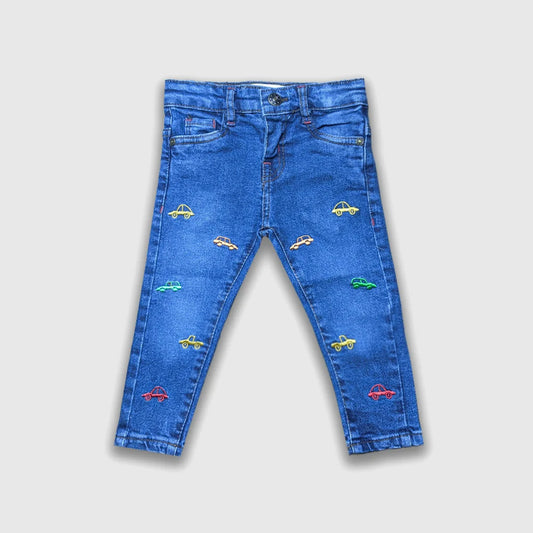 Car Embroidered Kids Jeans Mid Blue