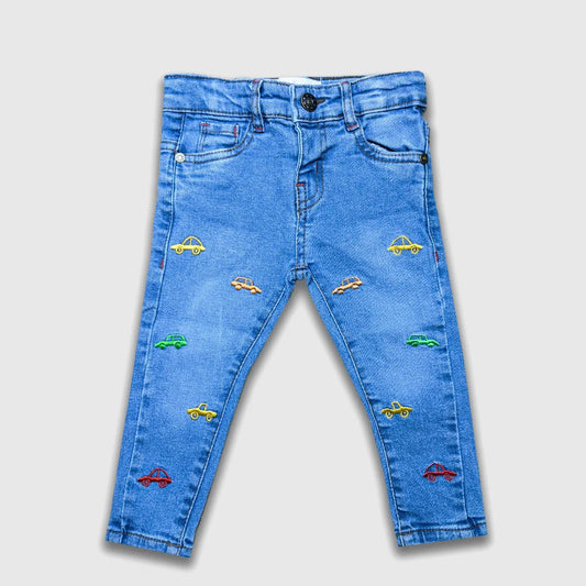 Car Embroidered Kids Jeans Light Blue