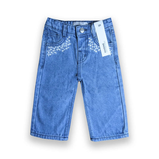 Girls Branded Pockets Embroidered Baggy Jeans (Light Blue)