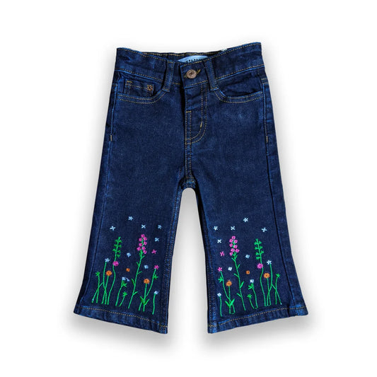 Girls Branded Bell-Bottom Embroidered Denim (Dark Wash)