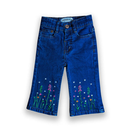 Girls Branded Bell-Bottom Embroidered Denim (Indigo Blue)