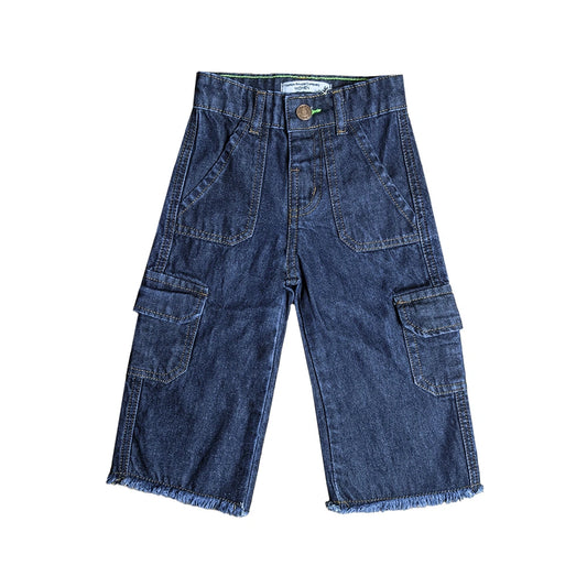 Girls Branded Patched Pockets Wide Leg Jeans (Navy Wash)