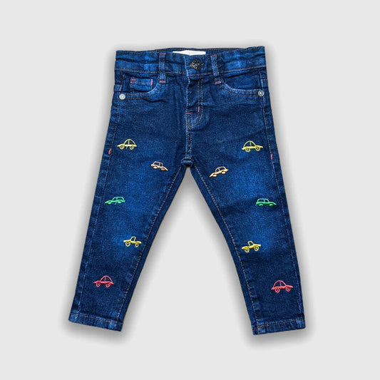 Car Embroidered Kids Jeans Dark Blue